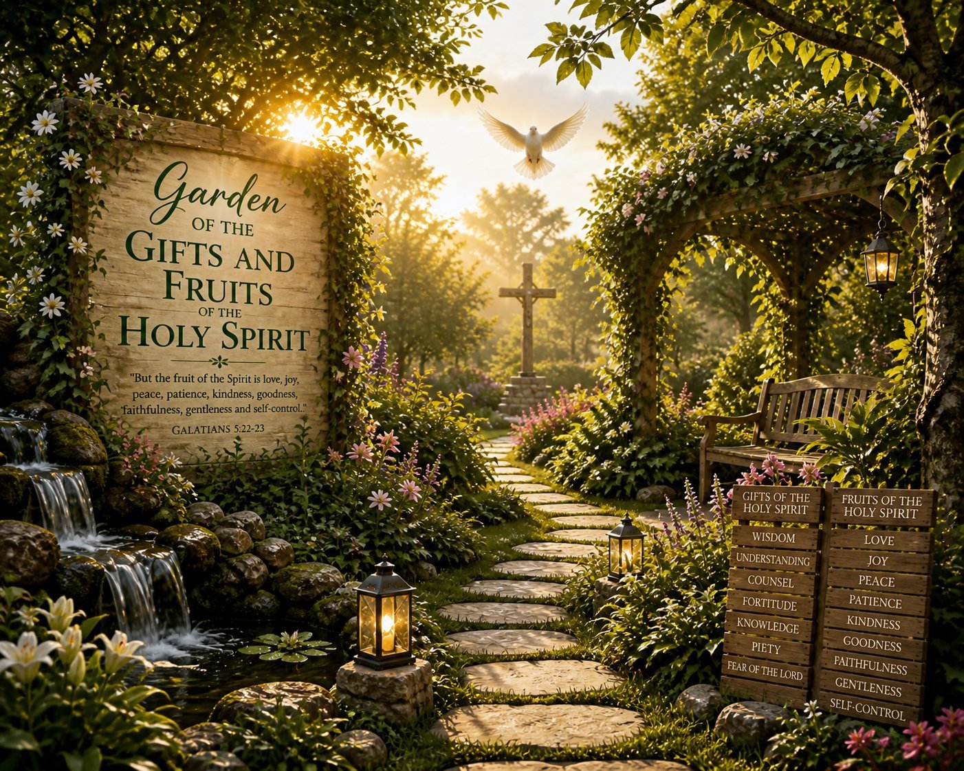 Serene garden pathway with stone walkway, ivy-covered walls, glowing cross, white dove, and inspirational signage about gifts and holy spirit - vision of the Garden of the Holy Spirit